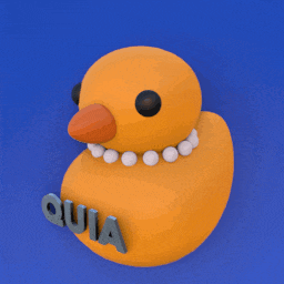 a yellow rubber duck with the name quia written on it