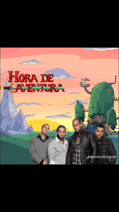 three men are standing in front of a cartoon background with the words hora de aventura