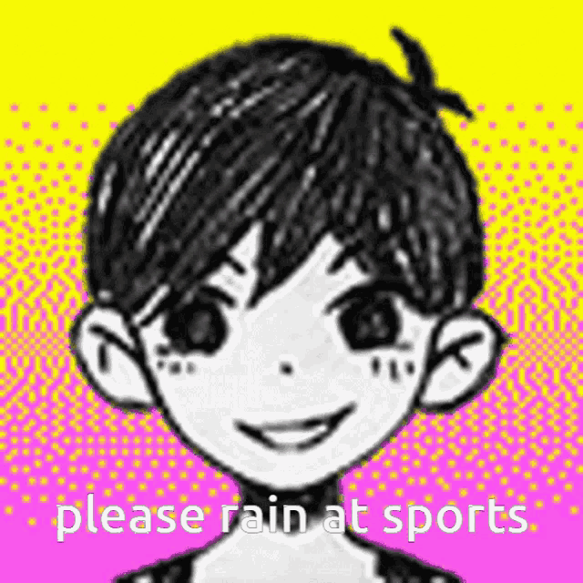 a black and white drawing of a boy with the words please rain at sports on the bottom