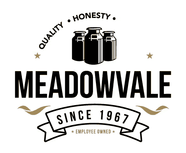 a logo for meadowvale since 1967 with three milk jugs