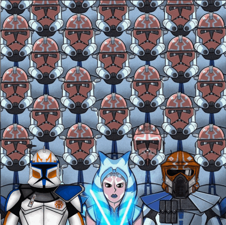 a group of clone trooper soldiers standing in front of a wall of clone helmets