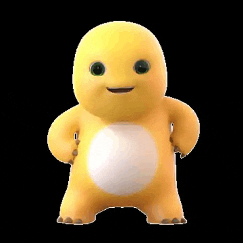 a yellow cartoon character with green eyes and a big belly is standing on a black background .