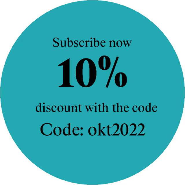 a blue circle with the words subscribe now discount with the code okt2022