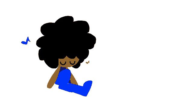 a cartoon drawing of a person with an afro sitting down with their eyes closed