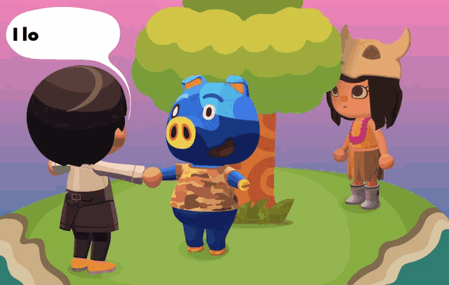 a cartoon of a pig talking to a man and a woman