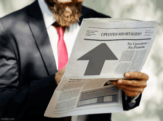 a man in a suit and tie reads a newspaper with an arrow pointing up