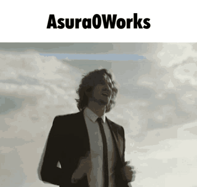 a man in a suit and tie is running in front of a cloudy sky with the words asuraoworks written above him