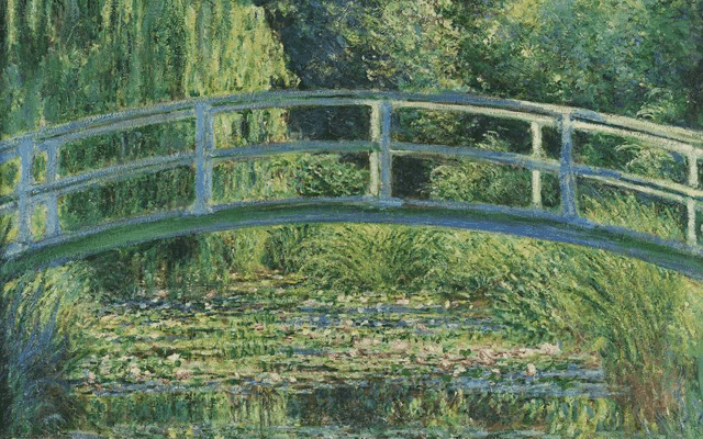 a painting of a bridge over a pond