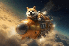 a dog is riding a rocket in the sky .