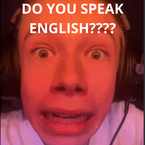 a person wearing headphones with the words do you speak english behind them