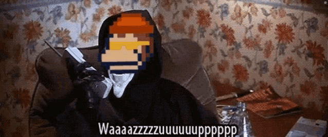 a pixel art of a man sitting on a couch talking on a phone