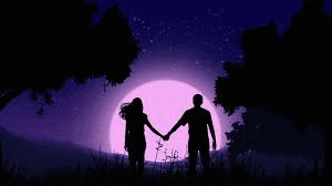 a man and woman are holding hands in front of a full moon at night .