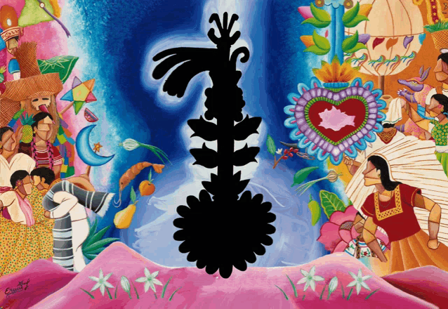 a colorful painting with a silhouette of a flower and the name enrique on it