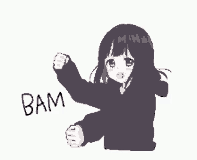 a girl in a black hoodie is holding her fist up in the air and says bam .