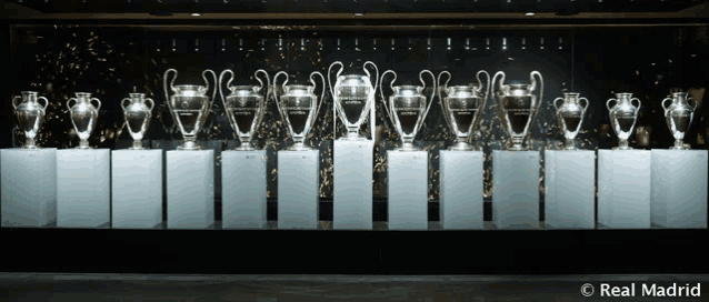 a display of trophies from real madrid lined up on display