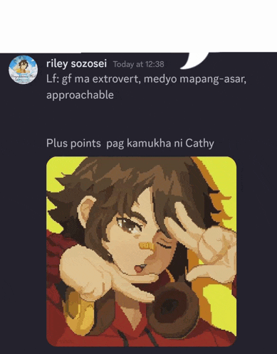 a pixel art of a girl with headphones and a speech bubble that says riley sozosei today at 12:38