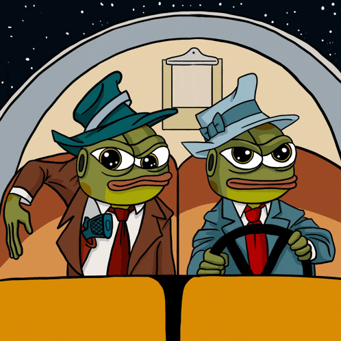 two green frogs wearing suits and hats are driving a car