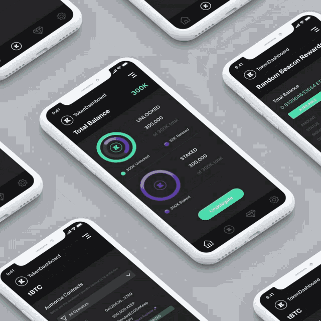 several cell phones are displaying a tokendashboard app