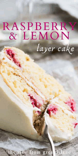 a slice of raspberry lemon layer cake with a fork in it