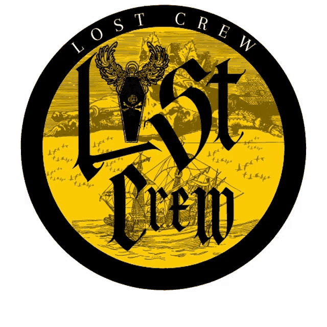 a black and yellow logo for lost crew with a ship in the background