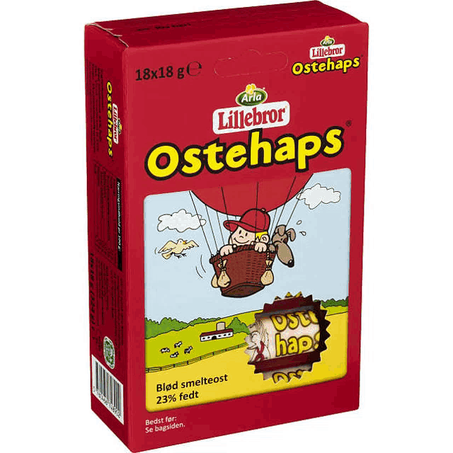 a box of littlebror ostehaps with a cartoon of a boy flying in a hot air balloon