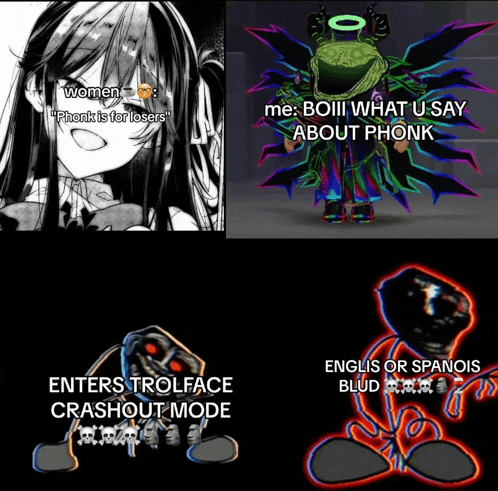 a collage of three images with one saying " enters trollface crashout mode "