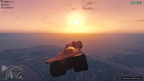 a video game screen shows a car flying over a city with a sunset in the background and a price tag of $ 5430167