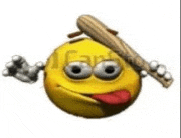 a yellow smiley face is sticking its tongue out while holding a baseball bat .