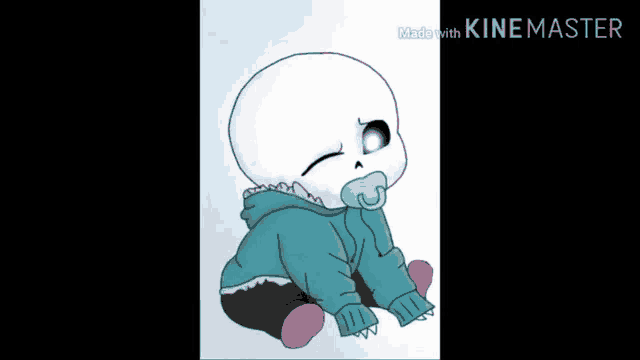 a baby skeleton with a pacifier in his mouth is sitting on the ground .