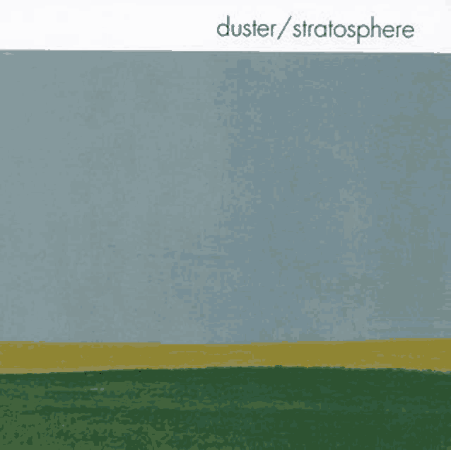 a painting of a field with a blue sky and the words duster / stratosphere