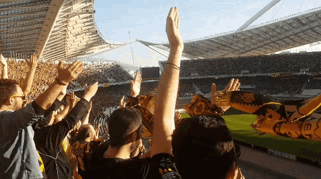 a crowd of people in a stadium with their arms in the air and a scarf that says ' atalanta '