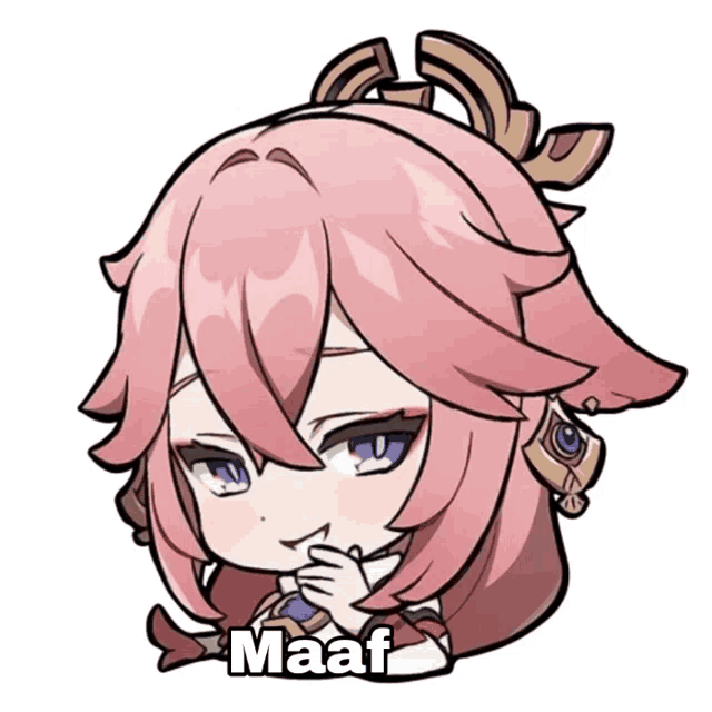 a cartoon of a girl with pink hair and the word maaf written below her