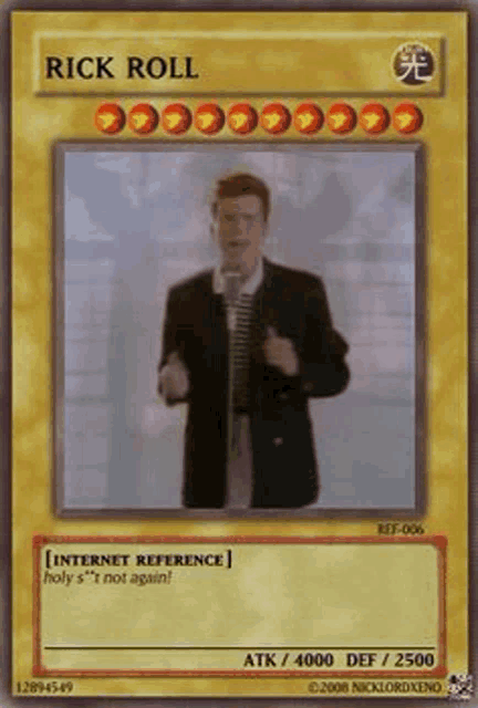 a rick roll card with a picture of him on it