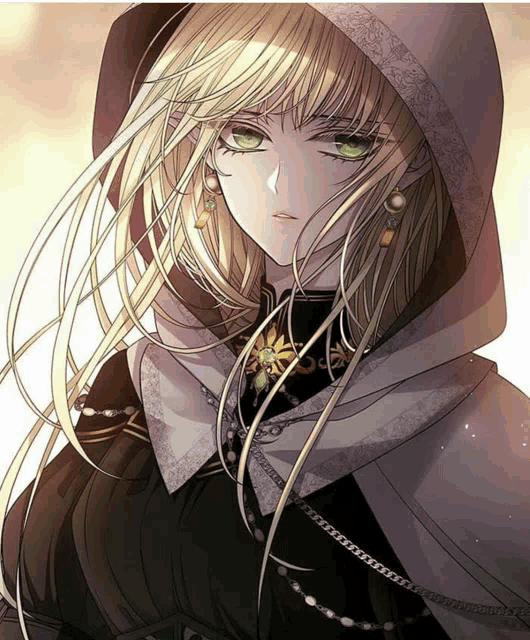 a girl with long blonde hair and green eyes wearing a hooded cape