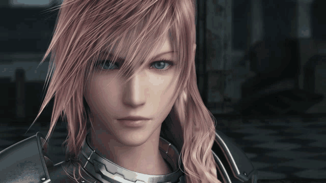 a woman with pink hair and blue eyes is wearing a silver armor