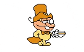 a pixel art of a cartoon character wearing glasses and a bow tie holding a gun .