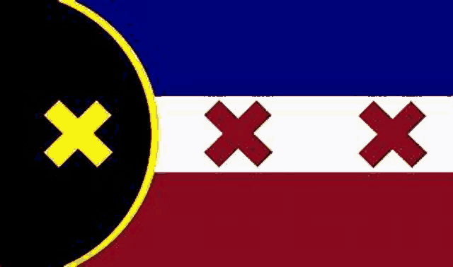 a flag with three crosses on it and a black circle with a yellow x in the middle .