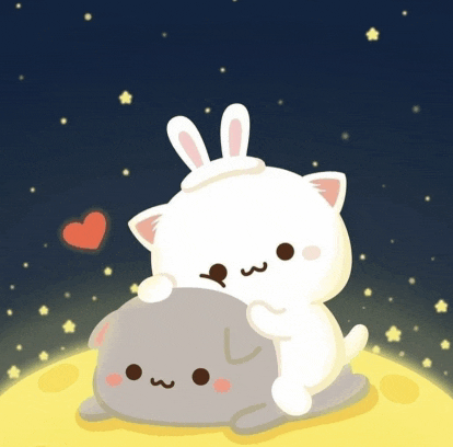 a cat and a rabbit are laying on a moon