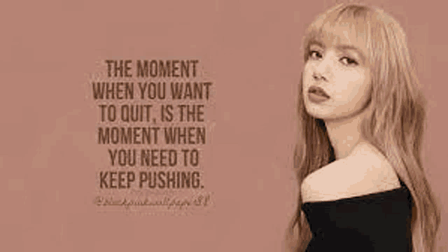 a woman with blonde hair is standing in front of a pink background with a quote .