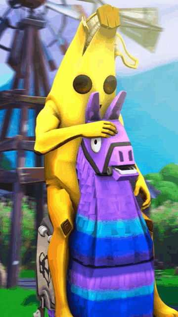 a yellow cartoon character is riding a purple and blue llama