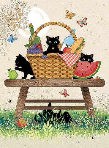 three black cats are playing with a picnic basket