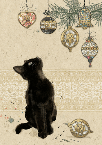 a black cat is looking up at christmas ornaments