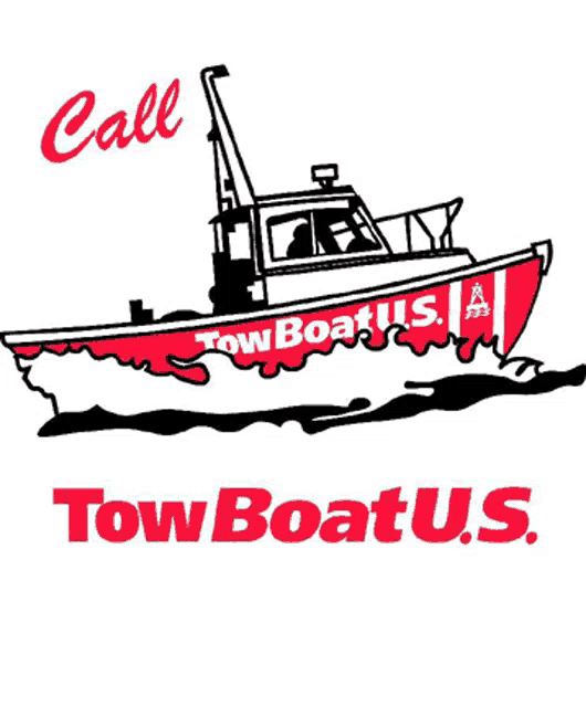 a logo for tow boat us shows a red boat