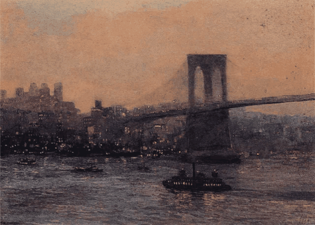 a painting of a bridge over a body of water with a boat in the foreground