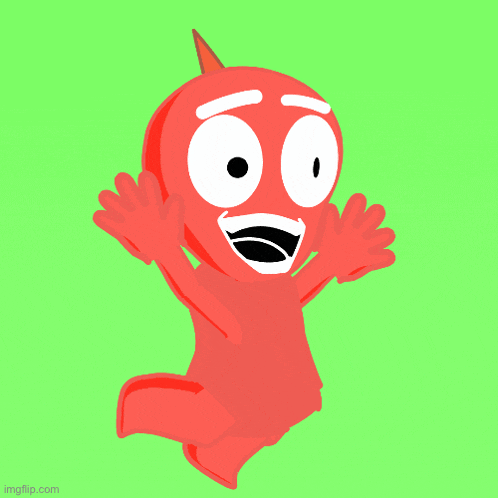 a red cartoon character is jumping in the air with his arms outstretched