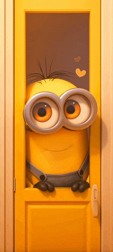 a yellow minion peeking out of a yellow door with hearts on it