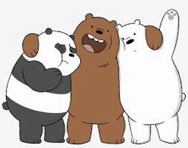 three bears from we bare bears are standing next to each other and hugging .