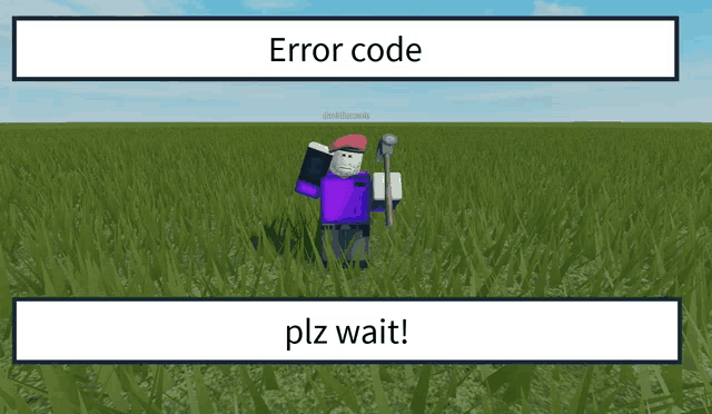 a cartoon character standing in a field with the words error code plz wait