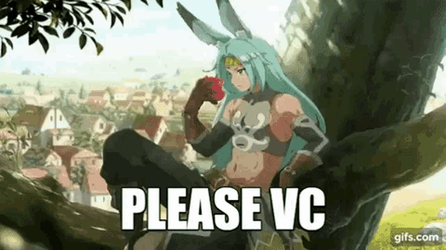 a girl with long green hair is sitting on a tree branch holding an apple and the words `` please vc '' .