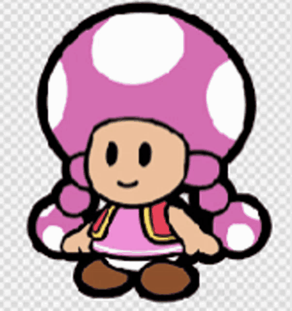 a pink toad with white polka dots on it 's hat